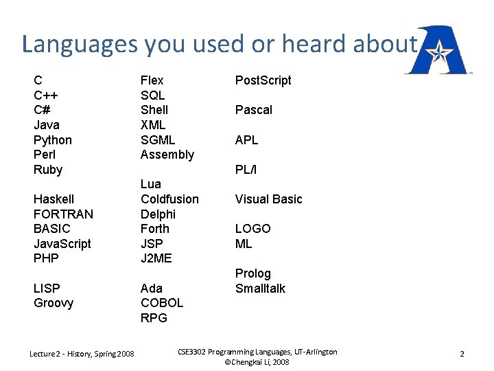 Languages you used or heard about C C++ C# Java Python Perl Ruby Haskell