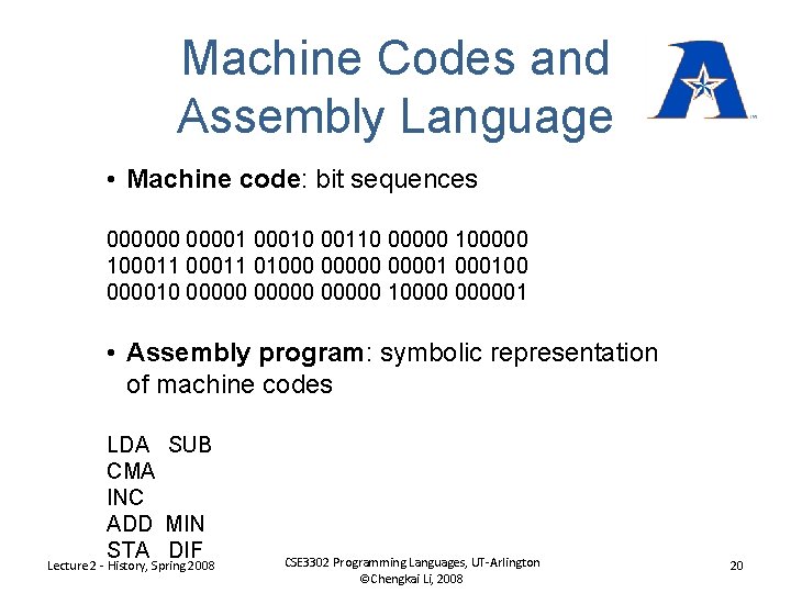 Machine Codes and Assembly Language • Machine code: bit sequences 0000001 00010 00110 00000