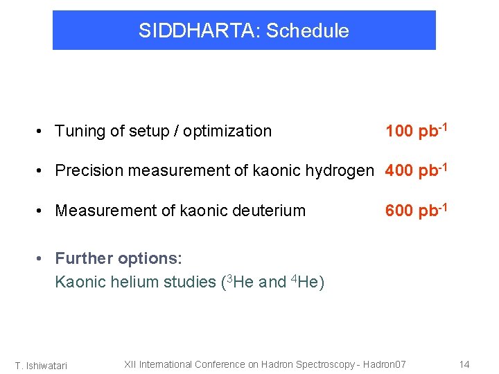 SIDDHARTA: Schedule • Tuning of setup / optimization 100 pb-1 • Precision measurement of
