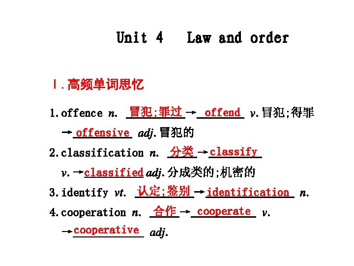 Unit 4 Law and order Ⅰ. 高频单词思忆 1. offence n. 冒犯; 罪过 → offend