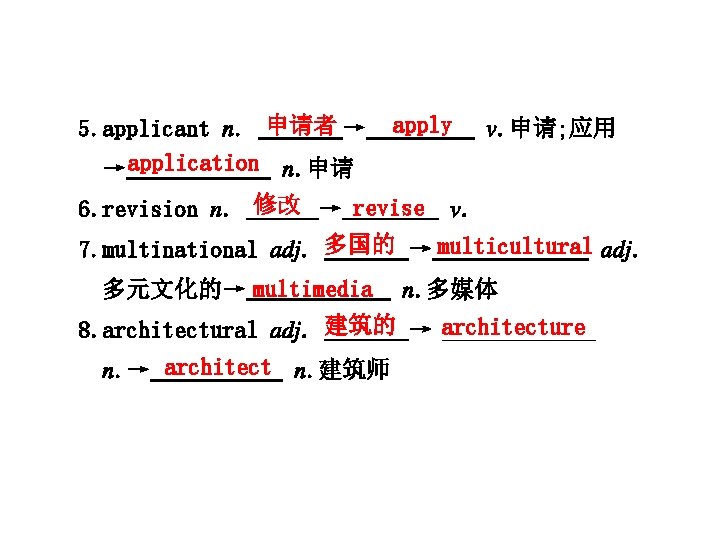 5. applicant n. 申请者 → → application n. 申请 apply v. 申请; 应用 6.