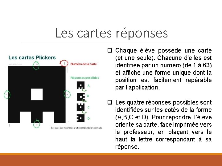 Les cartes réponses q Chaque élève possède une carte (et une seule). Chacune d’elles