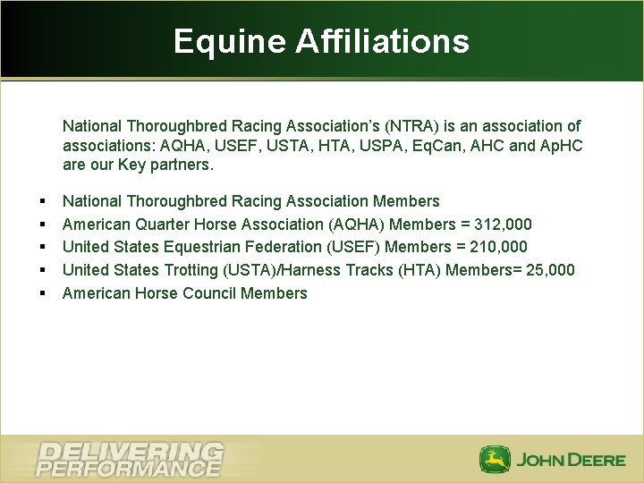 Equine Affiliations National Thoroughbred Racing Association’s (NTRA) is an association of associations: AQHA, USEF,