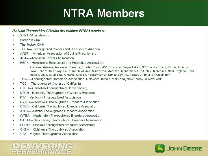 NTRA Members National Thoroughbred Racing Association (NTRA) members: § 50 NTRA racetracks § Breeders