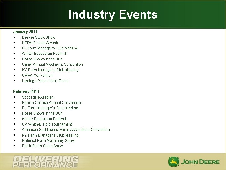 Industry Events January 2011 § Denver Stock Show § NTRA Eclipse Awards § FL