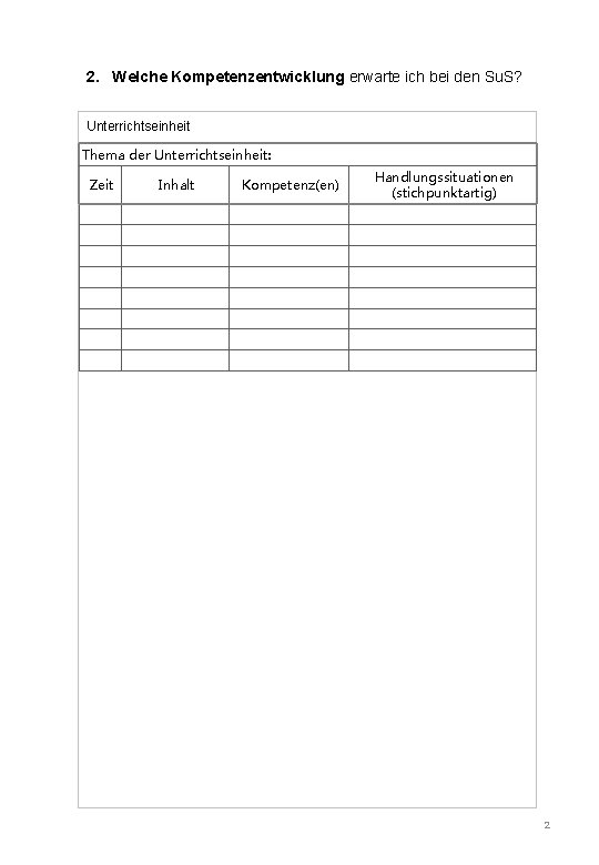 2. Welche Kompetenzentwicklung erwarte ich bei den Su. S? Unterrichtseinheit Thema der Unterrichtseinheit: Zeit
