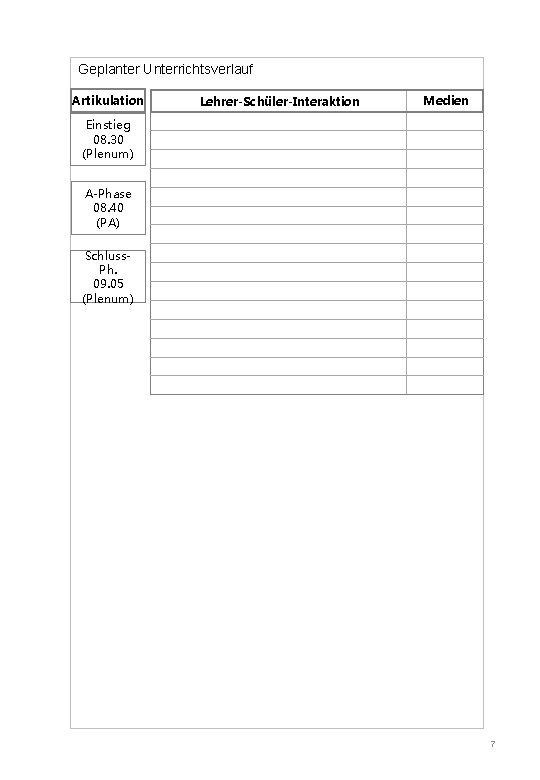 Geplanter Unterrichtsverlauf Artikulation Lehrer-Schüler-Interaktion Medien Einstieg 08. 30 (Plenum) A-Phase 08. 40 (PA) Schluss.
