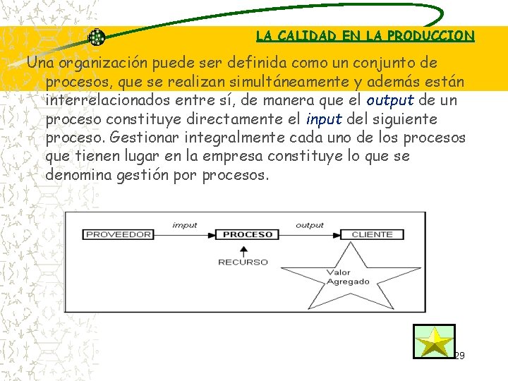 LA CALIDAD EN LA PRODUCCION Una organización puede ser definida como un conjunto de