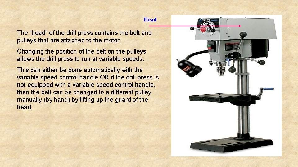 Head The “head” of the drill press contains the belt and pulleys that are