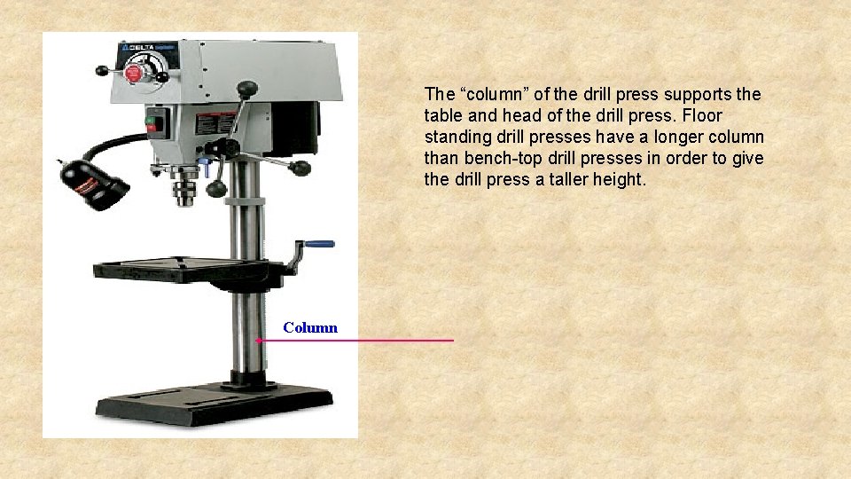 The “column” of the drill press supports the table and head of the drill