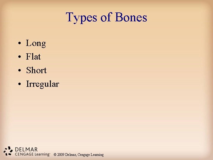 Types of Bones • • Long Flat Short Irregular © 2009 Delmar, Cengage Learning