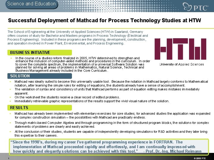 Science and Education Successful Deployment of Mathcad for Process Technology Studies at HTW The