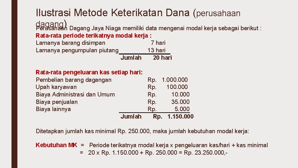 Ilustrasi Metode Keterikatan Dana (perusahaan dagang) Perusahaan Dagang Jaya Niaga memiliki data mengenai modal