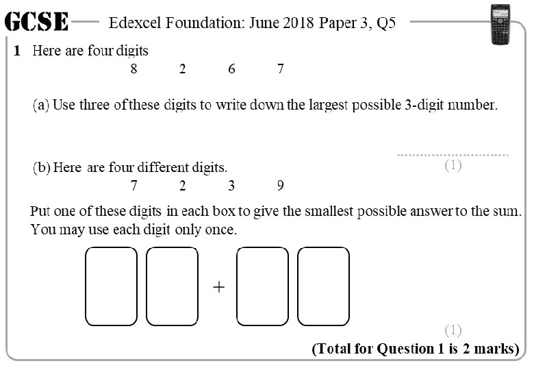 GCSE Edexcel Foundation: June 2018 Paper 3, Q 5 1 Here are four digits