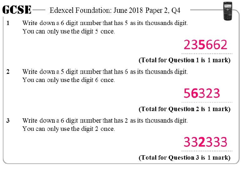GCSE 1 Edexcel Foundation: June 2018 Paper 2, Q 4 Write down a 6