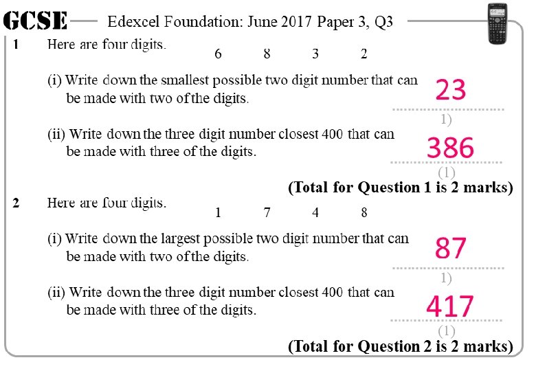 GCSE 1 Edexcel Foundation: June 2017 Paper 3, Q 3 Here are four digits.