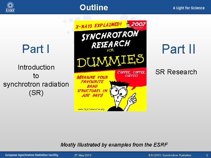 Outline Part II Part I Introduction to synchrotron radiation (SR) SR Research Mostly Illustrated