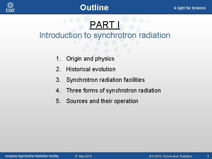 Outline PART I Introduction to synchrotron radiation 1. Origin and physics 2. Historical evolution