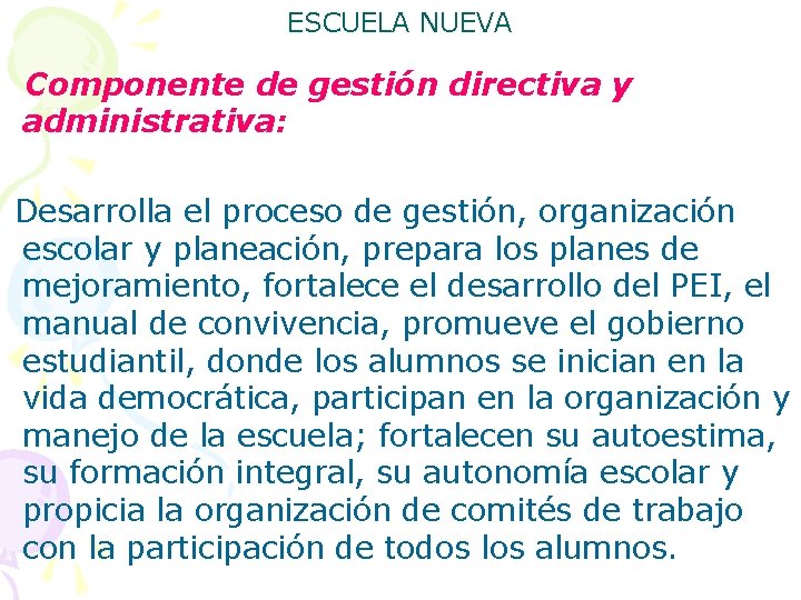 ESCUELA NUEVA Componente de gestión directiva y administrativa: Desarrolla el proceso de gestión, organización