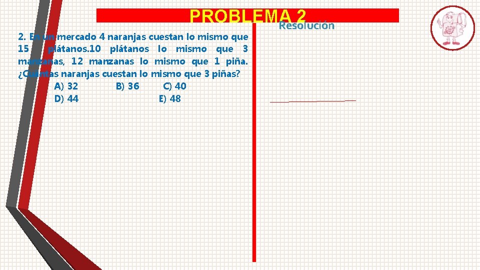 PROBLEMA 2 Resolución 2. En un mercado 4 naranjas cuestan lo mismo que 15