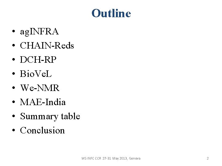 Outline • • ag. INFRA CHAIN-Reds DCH-RP Bio. Ve. L We-NMR MAE-India Summary table