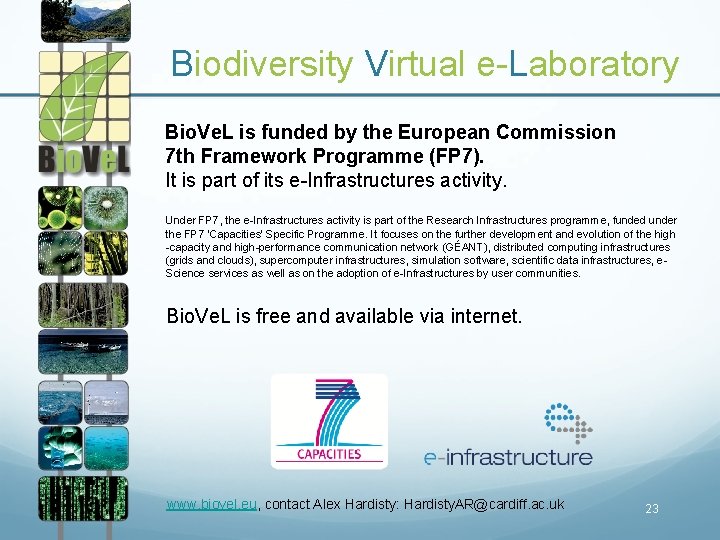 Biodiversity Virtual e-Laboratory Bio. Ve. L is funded by the European Commission 7 th