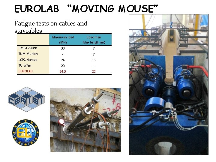 EUROLAB “MOVING MOUSE” Fatigue tests on cables and staycables Maximum load (MN) Specimen Max