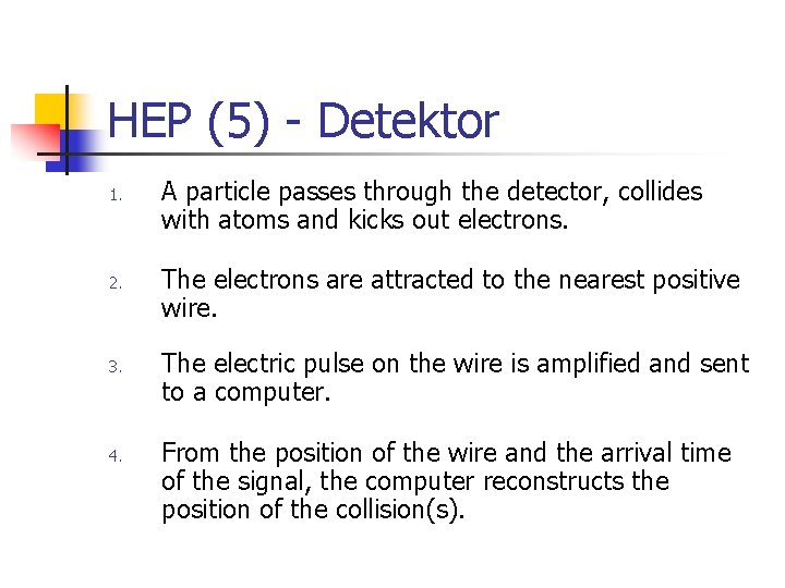 HEP (5) - Detektor 1. 2. 3. 4. A particle passes through the detector,