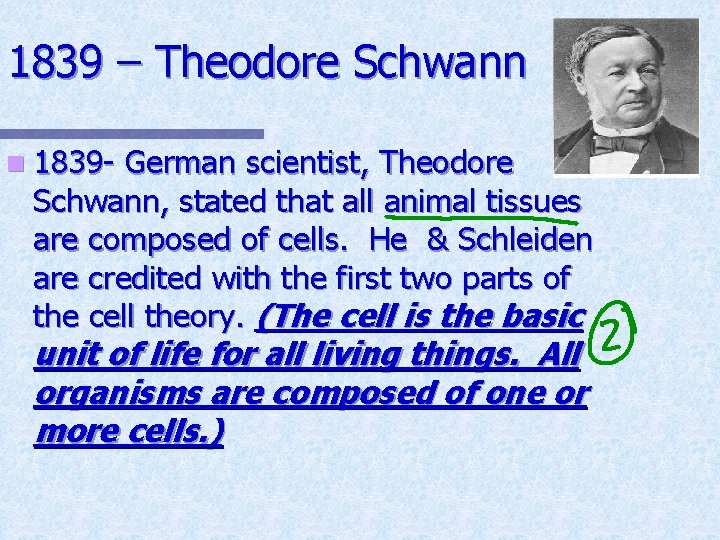 1839 – Theodore Schwann n 1839 - German scientist, Theodore Schwann, stated that all