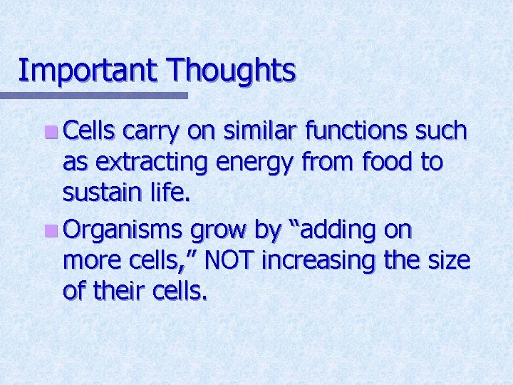 Important Thoughts n Cells carry on similar functions such as extracting energy from food