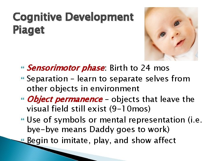 Cognitive Development Piaget Sensorimotor phase: Birth to 24 mos Separation – learn to separate