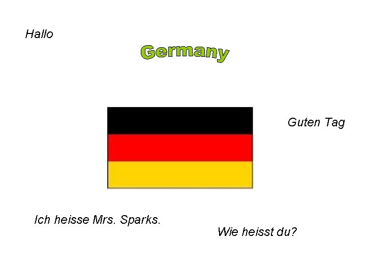 Hallo Guten Tag Ich heisse Mrs. Sparks. Wie heisst du? 