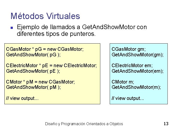 Métodos Virtuales Ejemplo de llamados a Get. And. Show. Motor con diferentes tipos de