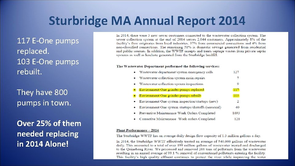 Sturbridge MA Annual Report 2014 117 E-One pumps replaced. 103 E-One pumps rebuilt. They