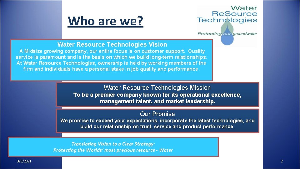 Who and are Mission we? Vision Water Resource Technologies Vision A Midsize growing company,