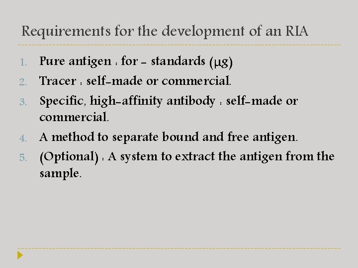 Requirements for the development of an RIA 1. 2. 3. 4. 5. Pure antigen