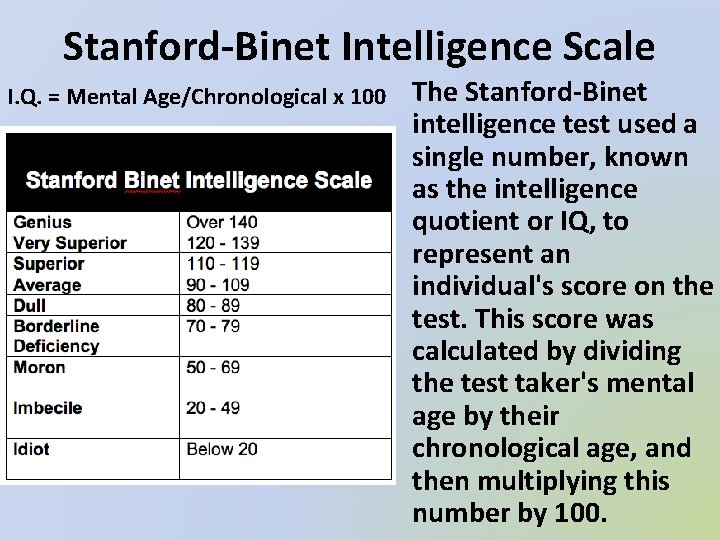 Stanford-Binet Intelligence Scale I. Q. = Mental Age/Chronological x 100 The Stanford-Binet intelligence test