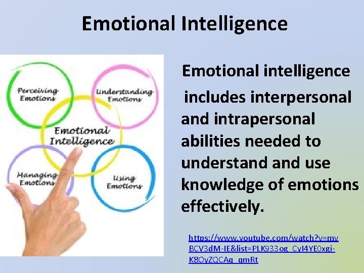 Emotional Intelligence Emotional intelligence includes interpersonal and intrapersonal abilities needed to understand use knowledge