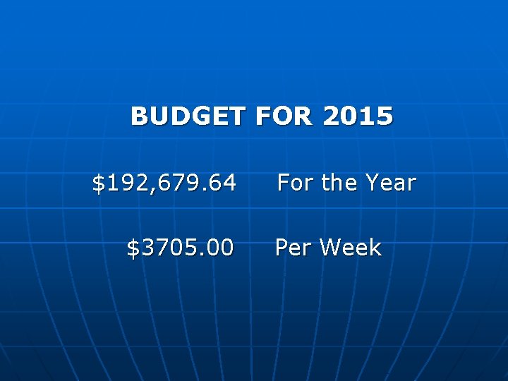 BUDGET FOR 2015 $192, 679. 64 $3705. 00 For the Year Per Week 