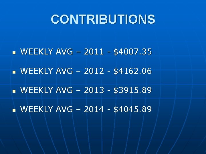 CONTRIBUTIONS n WEEKLY AVG – 2011 - $4007. 35 n WEEKLY AVG – 2012