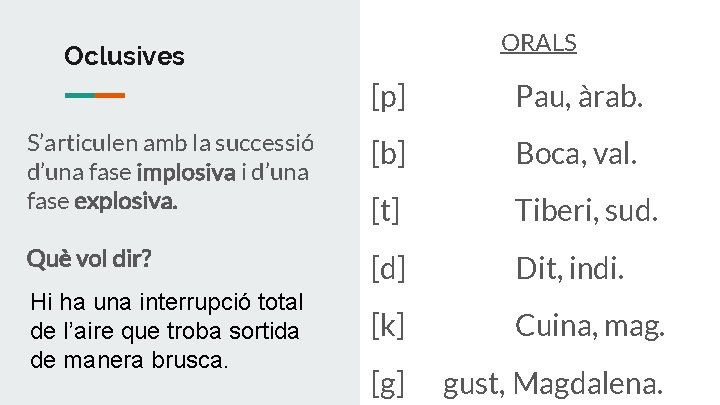 ORALS Oclusives [p] Pau, àrab. S’articulen amb la successió d’una fase implosiva i d’una