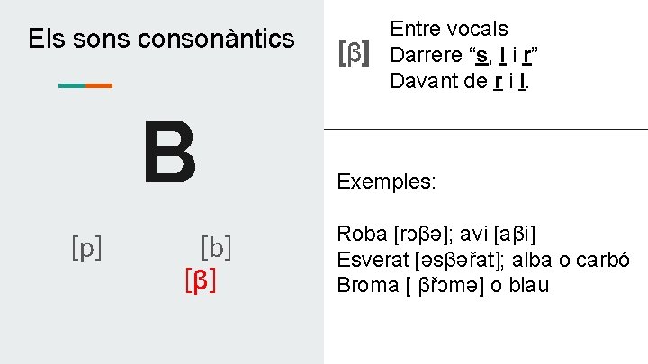 Els sons consonàntics B [p] [b] [β] Entre vocals Darrere “s, l i r”