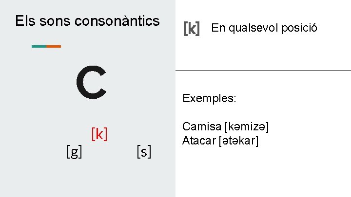 Els sons consonàntics C [g] [k] En qualsevol posició Exemples: [s] Camisa [kəmizə] Atacar