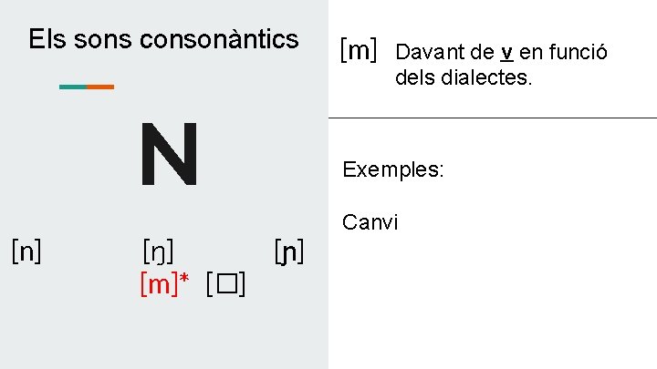 Els sons consonàntics N [n] [ŋ] [ɲ] [m]* [�] [m] Davant de v en