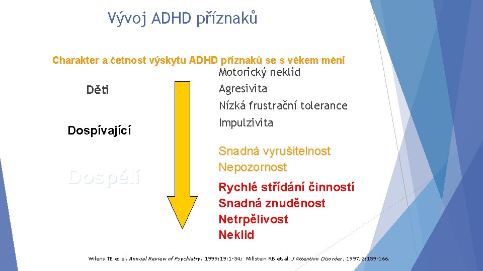 Vývoj ADHD příznaků Charakter a četnost výskytu ADHD příznaků se s věkem mění Motorický