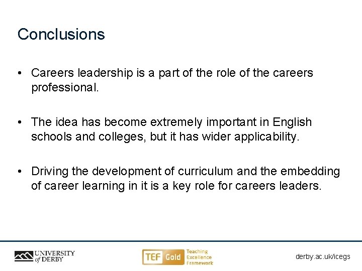 Conclusions • Careers leadership is a part of the role of the careers professional.