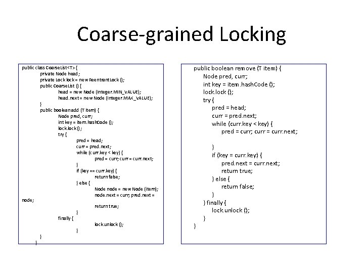 Coarse-grained Locking public class Coarse. List<T> { private Node head; private Lock lock =