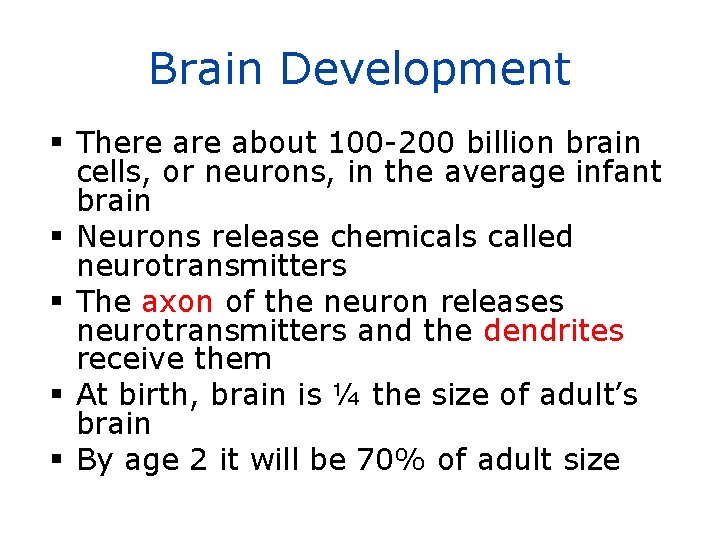 Brain Development There about 100 -200 billion brain cells, or neurons, in the average