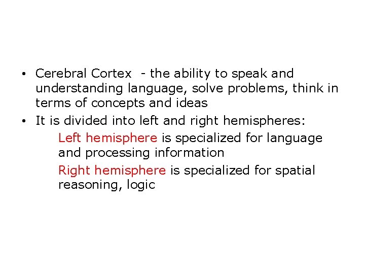  • Cerebral Cortex - the ability to speak and understanding language, solve problems,