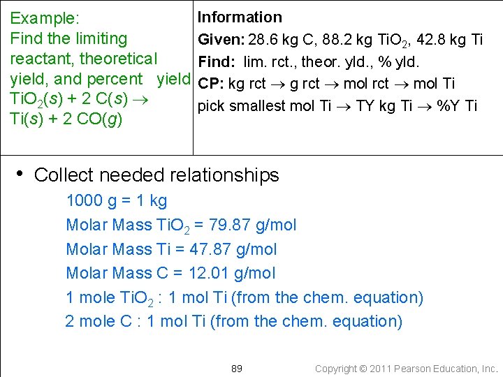 Example: Find the limiting reactant, theoretical yield, and percent yield Ti. O 2(s) +